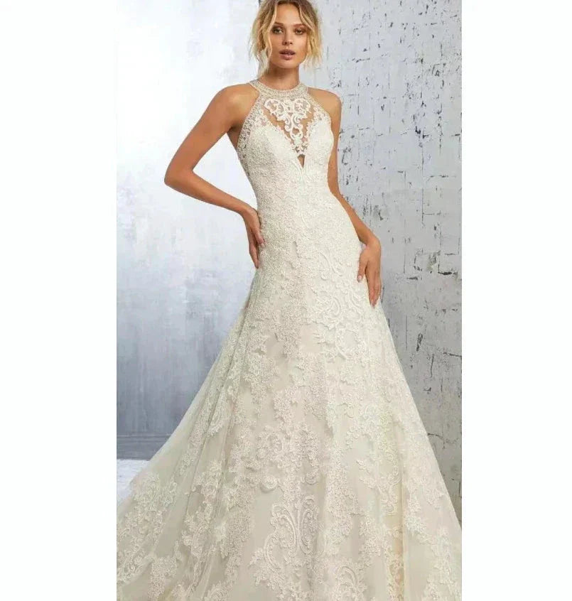 Elegant Beige Gown with Halter Lace A-LINE Sleeveless Cut-out Sweep Train Floor-Length Evening Gown for Women vestidos de novia