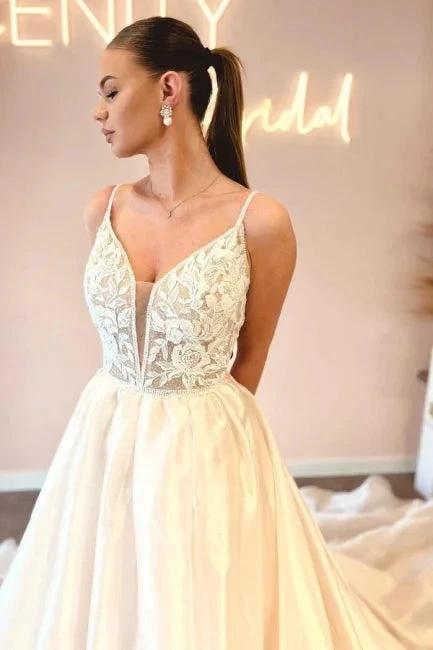 Elegant Floor-Length Spaghetti Straps V-Neck Sleeveless A-Line Wedding Dresses with Appliques