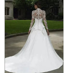 Elegant Italian white bridal dress V-neck stand-up collar lace applique long sleeve satin button Saudi Arabian trouw jurken dame