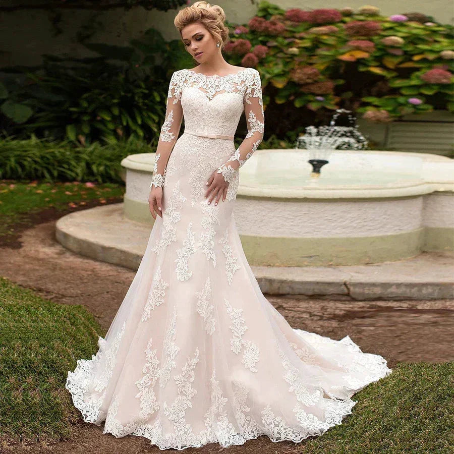 Elegant Long Sleeves Appliques Vestido De Noiva Lace-up back Mermaid Wedding Dress Sexy Backless Vestidos De Novia