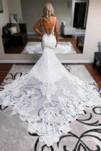 Elegant Long White Mermaid Straps V-neck Backless Wedding Dress with Lace