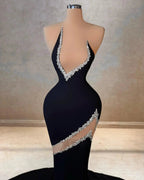 Elegant Mermaid V-neck Sleeveless Rhinestone Satin Tulle Prom Dresses