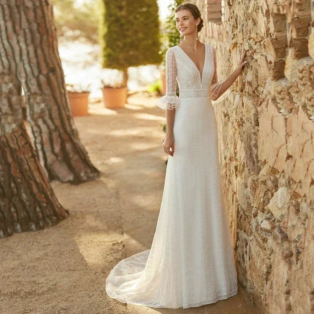 Elegant Mermaid Wedding Dresses Lace Bohemia Sexy Deep V-Neck Half Sleeve Bridal Gowns Pearl Button Formal Beach Party Robe Tull