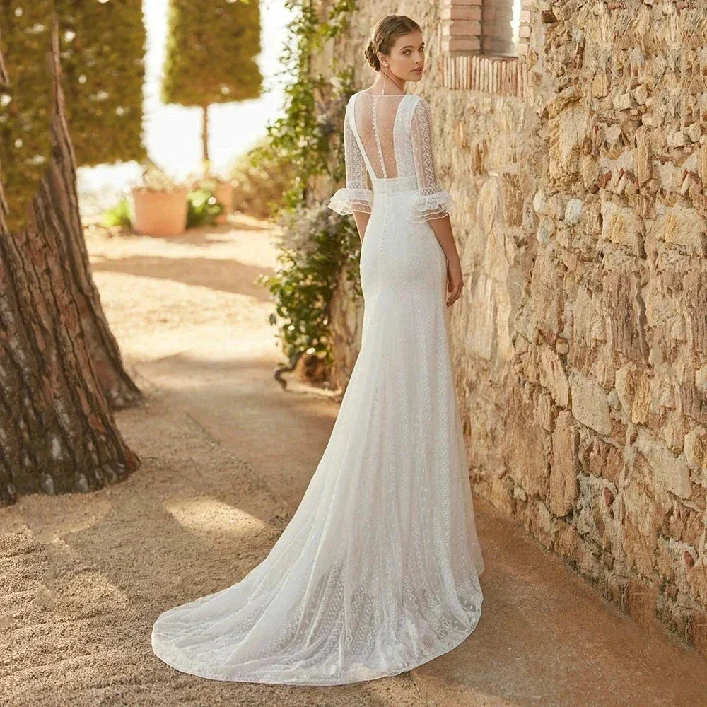 Elegant Mermaid Wedding Dresses Lace Bohemia Sexy Deep V-Neck Half Sleeve Bridal Gowns Pearl Button Formal Beach Party Robe Tull