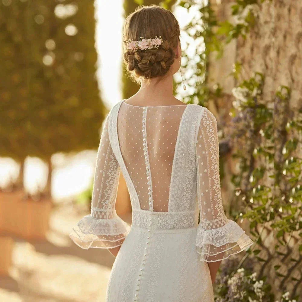 Elegant Mermaid Wedding Dresses Lace Bohemia Sexy Deep V-Neck Half Sleeve Bridal Gowns Pearl Button Formal Beach Party Robe Tull