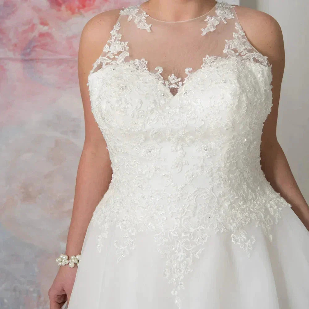 Elegant O-neck Plus Size Wedding Dresses Custom Made See Through Organza Appliqued A-line Bridal Gown Robe de Mariee