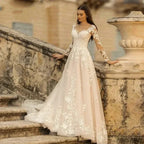 Elegant Round Neck Wedding Dresses 2023 Lace Long Sleeve Decal A-line  Fashion Women's Bridal Dress Robe Back Strap Design De