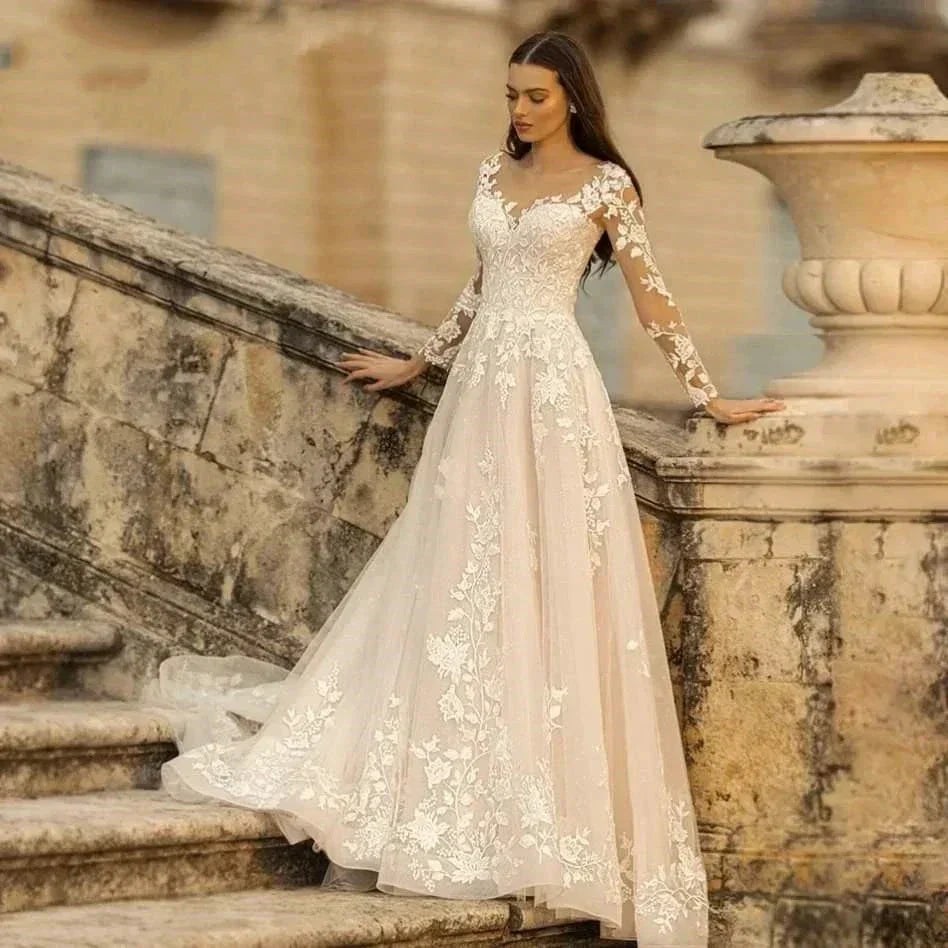 Elegant Round Neck Wedding Dresses 2023 Lace Long Sleeve Decal A-line  Fashion Women's Bridal Dress Robe Back Strap Design De
