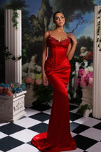 Elegant Satin Mermaid  Sleeveless Spaghetti Straps Long Prom Dresses