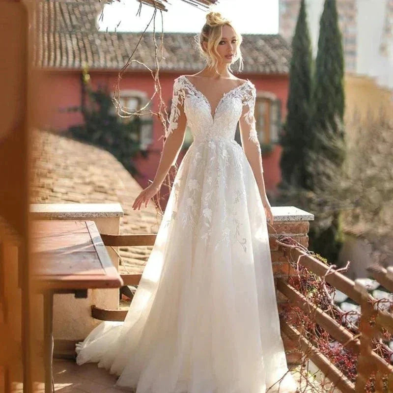 Elegant Wedding Dresses V-Neck Long Sleeves Lace Appliques Vestido De Noiva Backless Tulle Vestidos De Novia