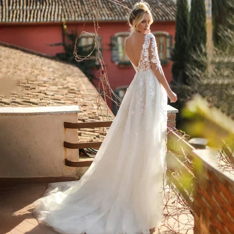 Elegant Wedding Dresses V-Neck Long Sleeves Lace Appliques Vestido De Noiva Backless Tulle Vestidos De Novia