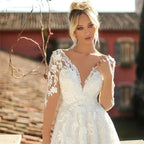 Elegant Wedding Dresses V-Neck Long Sleeves Lace Appliques Vestido De Noiva Backless Tulle Vestidos De Novia