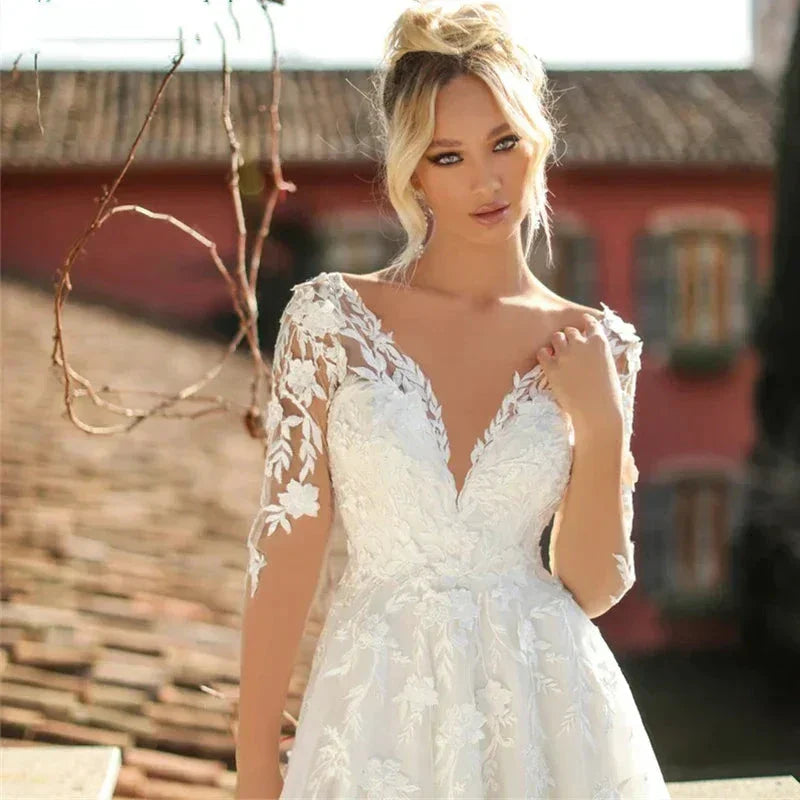 Elegant Wedding Dresses V-Neck Long Sleeves Lace Appliques Vestido De Noiva Backless Tulle Vestidos De Novia