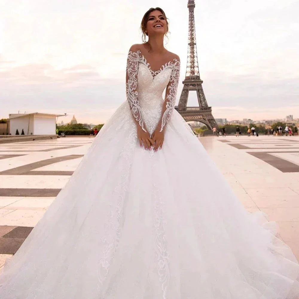 Elegant Wedding Dresses With Embroidery Princess Ball Gowns Sweetheart Full Sleeve Simplicity Back Button Vestido De Novia Robe