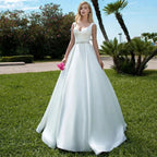 Elegant Women's Wedding Dresses V-Neck Lace Appliques Beads Belt Satin Buttons Back A-Line  2023 Vestido De Noiva Bridal Gowns