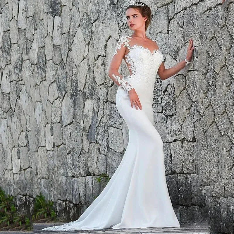 Elegant white bridal gown crew neck Long Sleeve Decal Crystal beaded floor-length long sleeve mermaid wedding dress with train