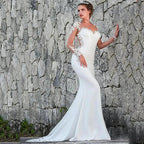 Elegant white bridal gown crew neck Long Sleeve Decal Crystal beaded floor-length long sleeve mermaid wedding dress with train