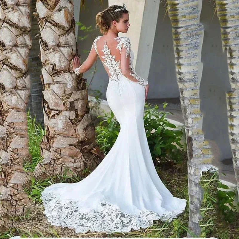Elegant white bridal gown crew neck Long Sleeve Decal Crystal beaded floor-length long sleeve mermaid wedding dress with train