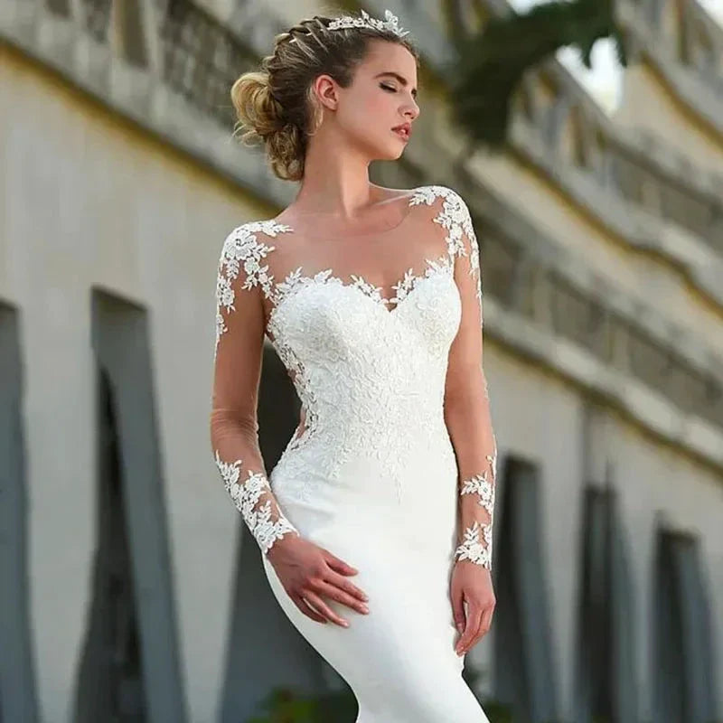 Elegant white bridal gown crew neck Long Sleeve Decal Crystal beaded floor-length long sleeve mermaid wedding dress with train