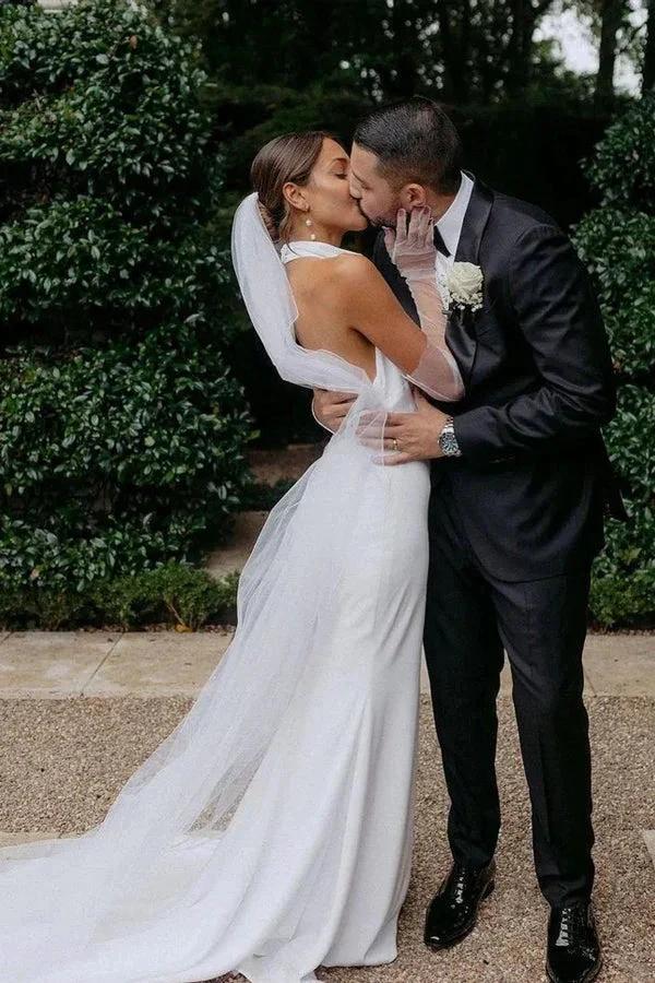 Elegant Mermaid Halter Modest Wedding Dress Simple Bridal Gown WD738