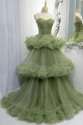 Elegant Straps Pleated Green Tiered Tulle Prom Formal Dress  PSK417