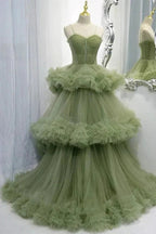 Elegant Straps Pleated Green Tiered Tulle Prom Formal Dress  PSK417