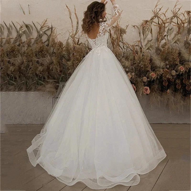 Exquisite Ivory Wedding Dresses Long Sleeve Appliques Lace 3D Flowers Modern Tulle Boho Bride Gown vestidos de novia Beach