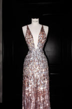 Luxury Deep V Sequin Backless Long Evening Dress Formal Prom Dress Y8683