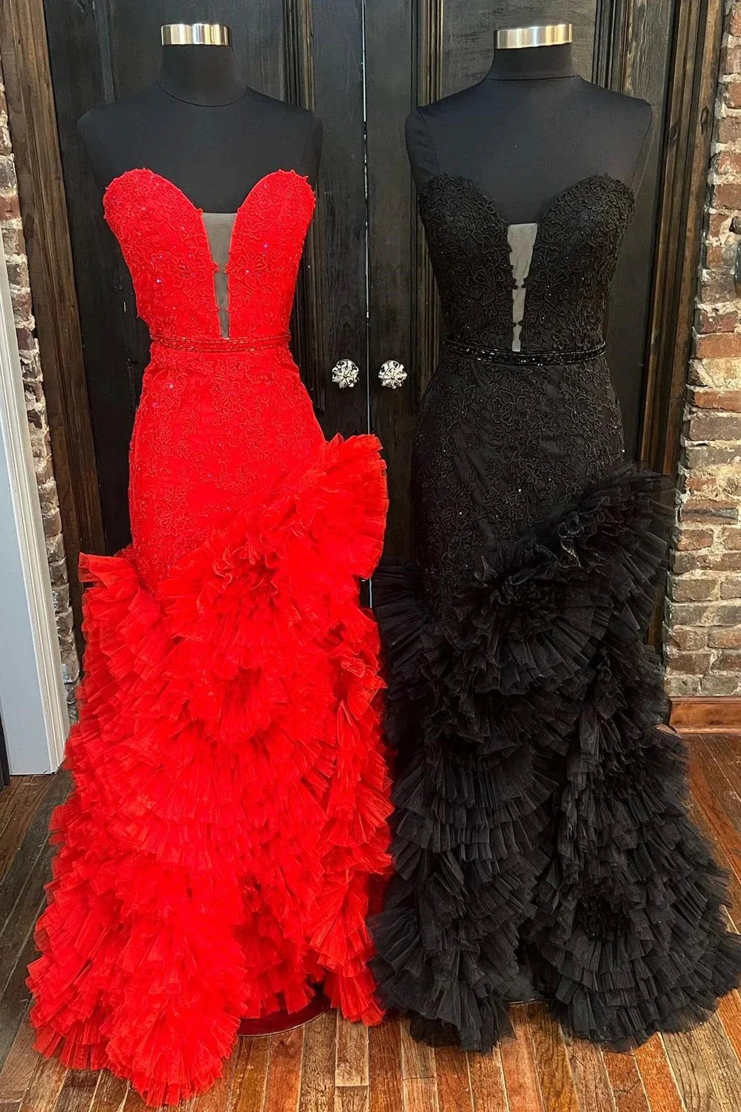 Beverly | Strapless Cut-Out Back Ruffle Layers Mermaid Prom Dress