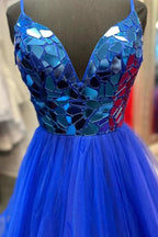 Brandi | A-line V-Neck Mirror-Cut Sequins Ruffle Layers Long Prom Dress