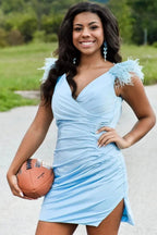 Sheath Pleated Jersey Homecoming Dress with Feathers
