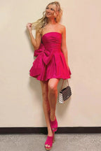 A-Line Strapless Pleated Party Dress with Bow