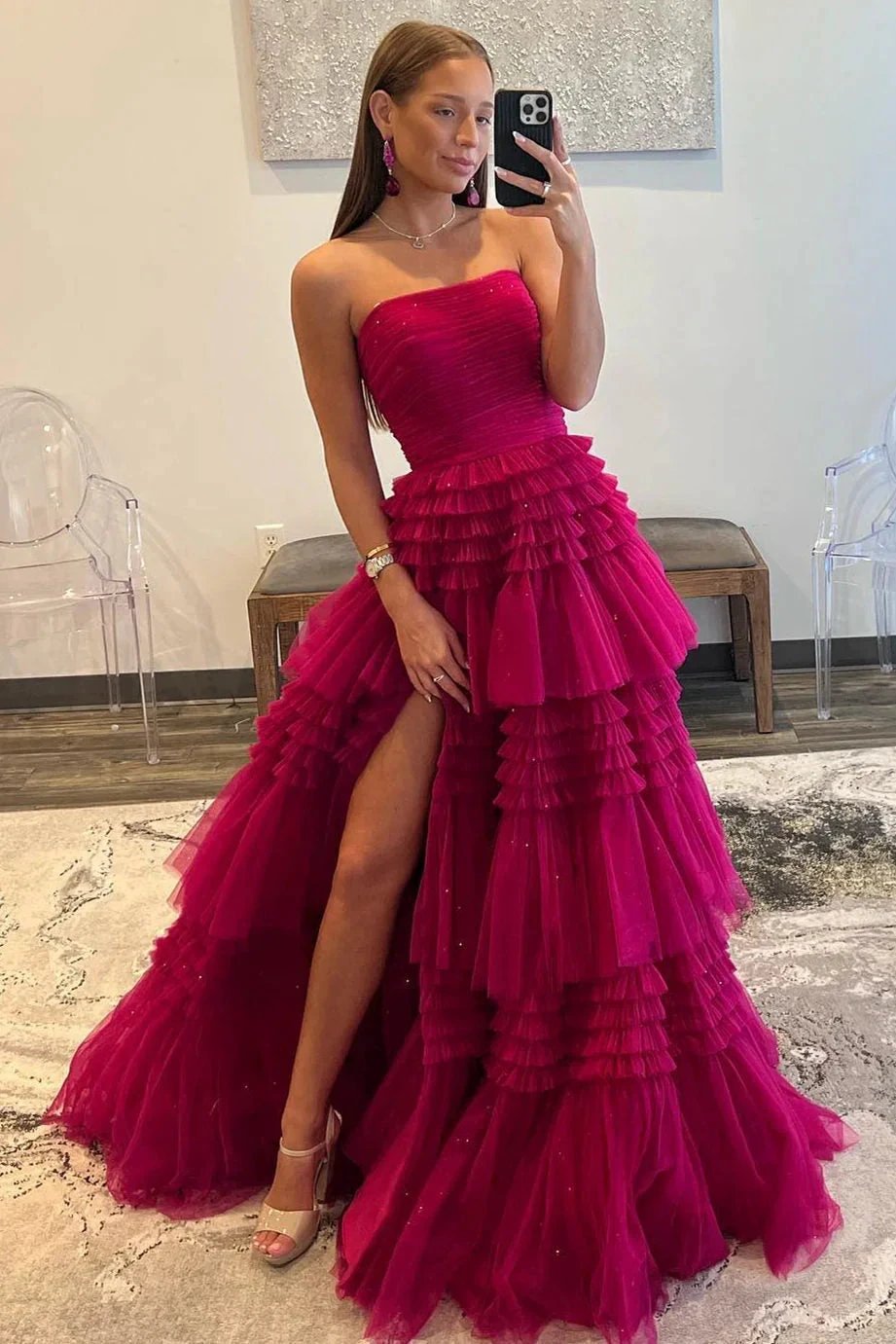 Daniela |A-Line Strapless Tulle Long Prom Dress with Tiered Ruffles