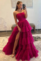 Daniela |A-Line Strapless Tulle Long Prom Dress with Tiered Ruffles