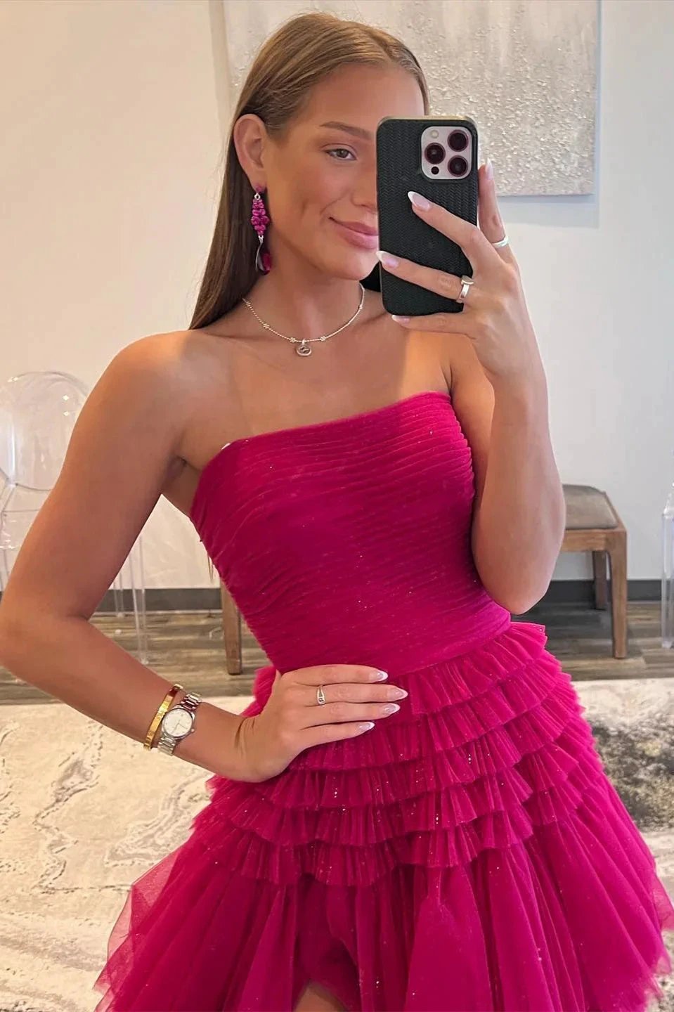 Daniela |A-Line Strapless Tulle Long Prom Dress with Tiered Ruffles