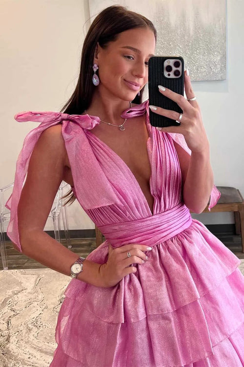 August | Glitter Tie Straps Pink Plunging Neck Tiered Long Prom Dress