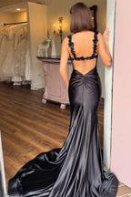 Hana | Black Straps Floral Mermaid Long Prom Dress