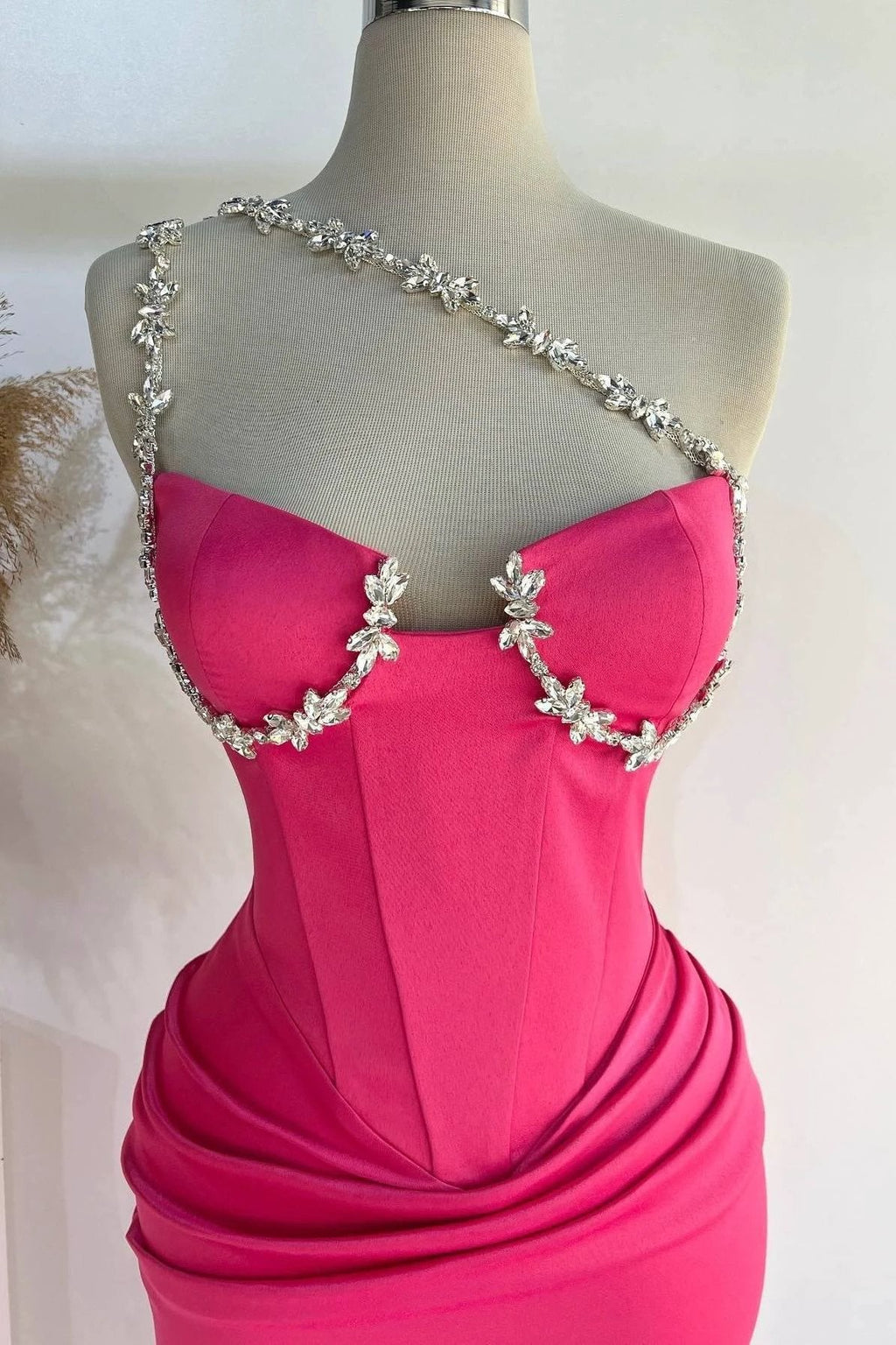 Raina | Hot Pink One Shoulder Rhinestones Pleated Long Prom Dresses