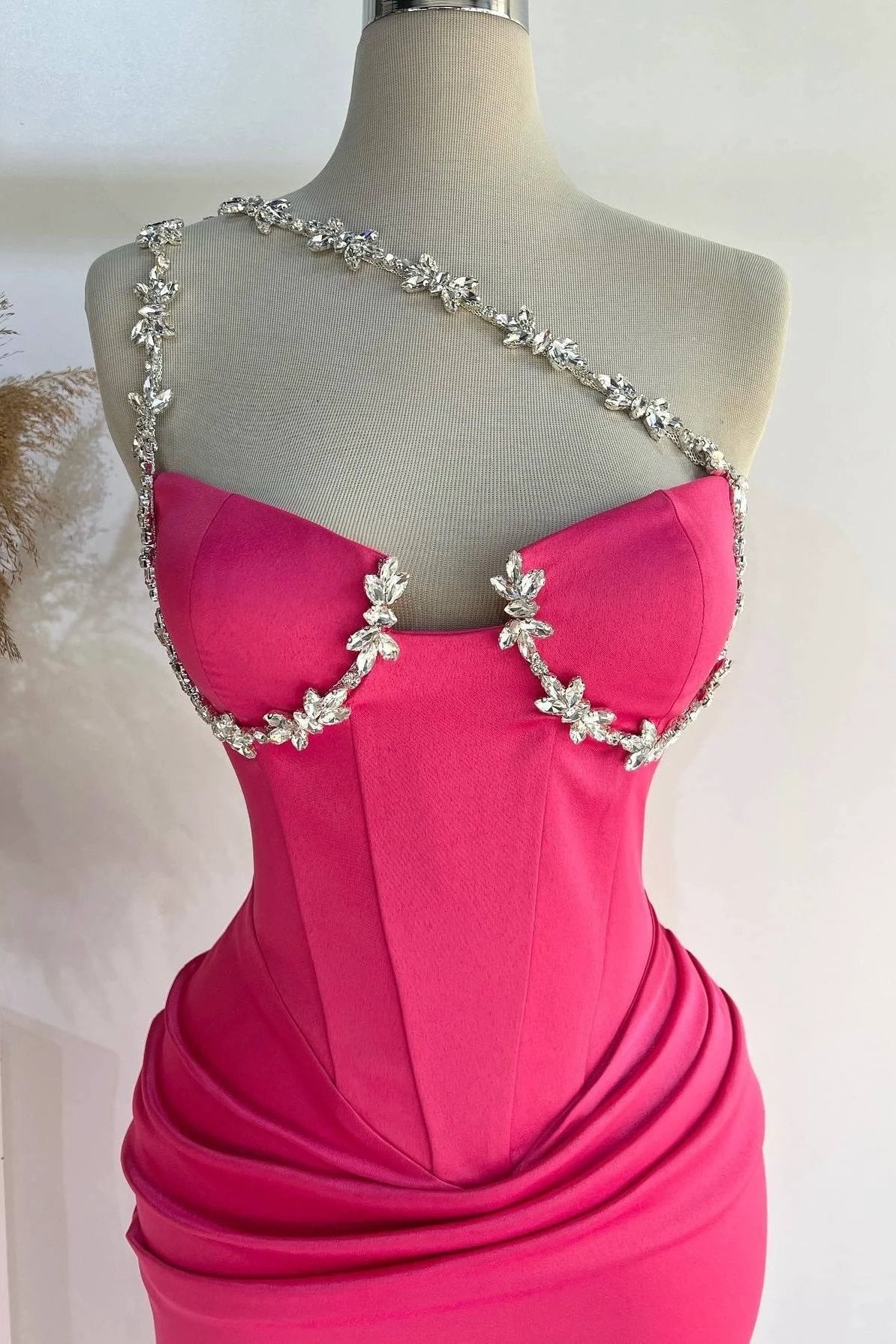 Raina | Hot Pink One Shoulder Rhinestones Pleated Long Prom Dresses