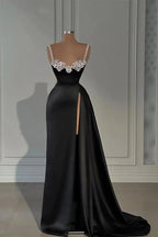 Fabulous Long Black A-line Straps Crystal Sleeveless Prom Dress With Slit