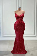 Fabulous Long Red V-neck Sequined Sleeveless Mermaid Prom Dress