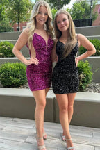 Fabulous Short Column V-neck Sleeveless Sequined Satin Open Back Homecoming Dresses