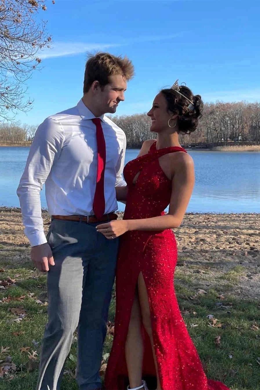 Fitted Criss Coss Neck Orange Prom Dress with Slit SYP88
