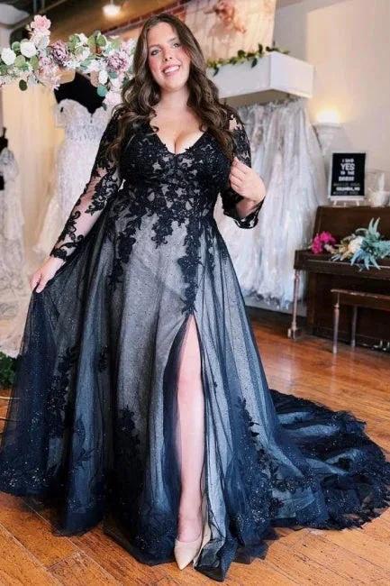 Floor-Length A-Line Split Front Long Sleeves V-Neck Prom Dresses with Appliques