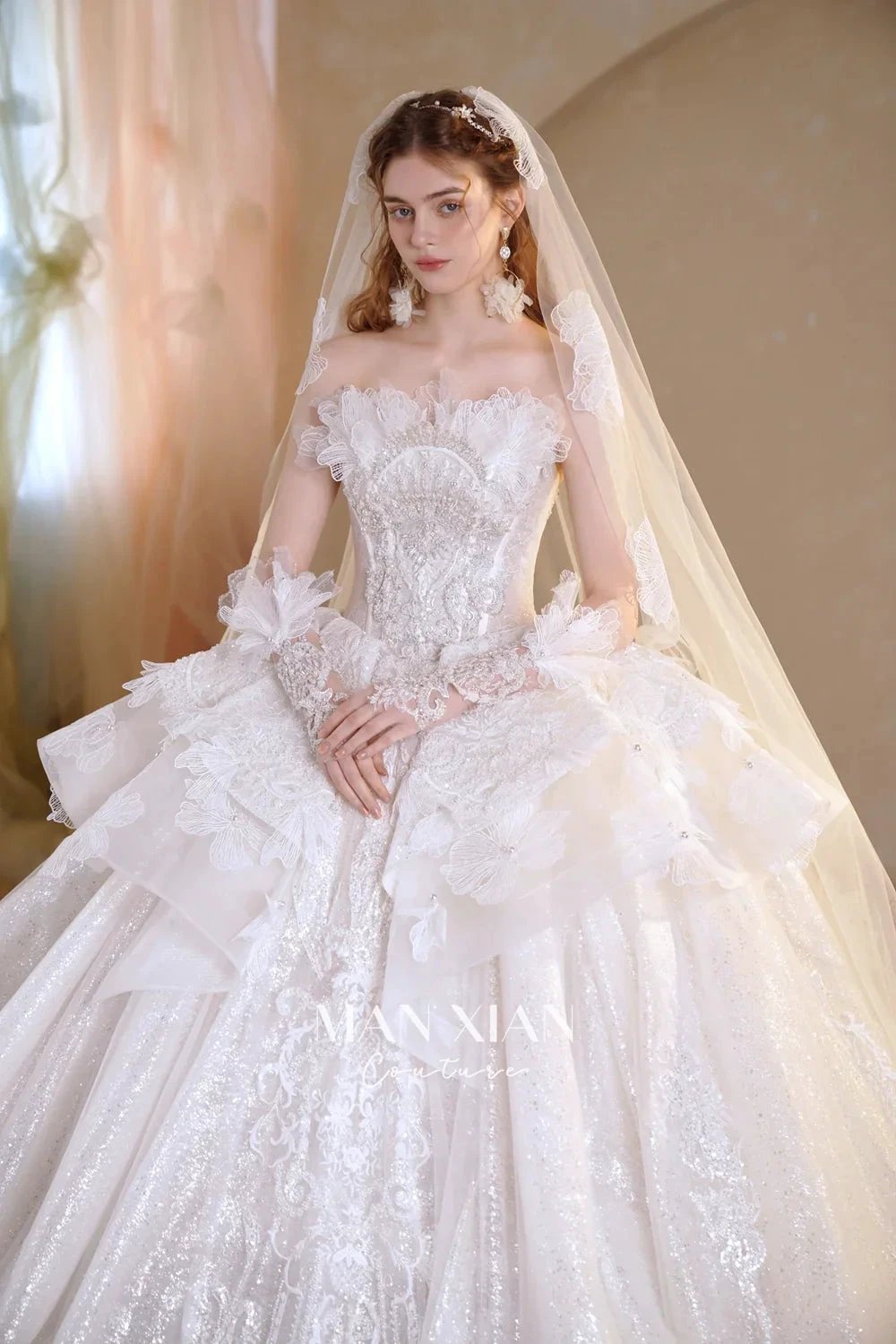 Luminous Ivory Off-Shoulder Glitter Tulle Ball Gown with 3D Floral Lace & Train M021