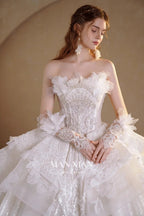 Luminous Ivory Off-Shoulder Glitter Tulle Ball Gown with 3D Floral Lace & Train M021