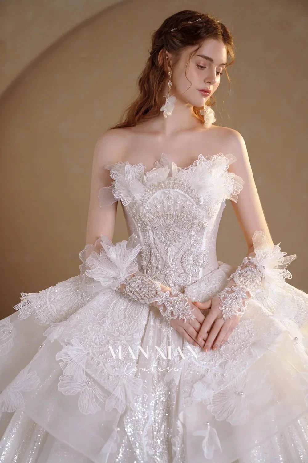 Luminous Ivory Off-Shoulder Glitter Tulle Ball Gown with 3D Floral Lace & Train M021
