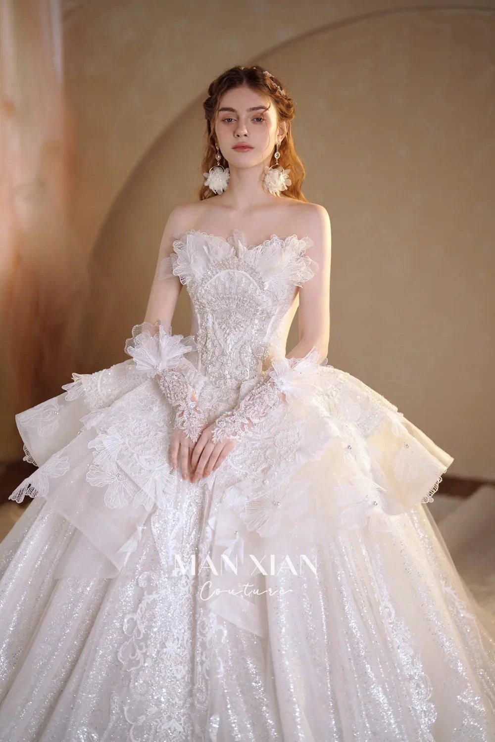 Luminous Ivory Off-Shoulder Glitter Tulle Ball Gown with 3D Floral Lace & Train M021