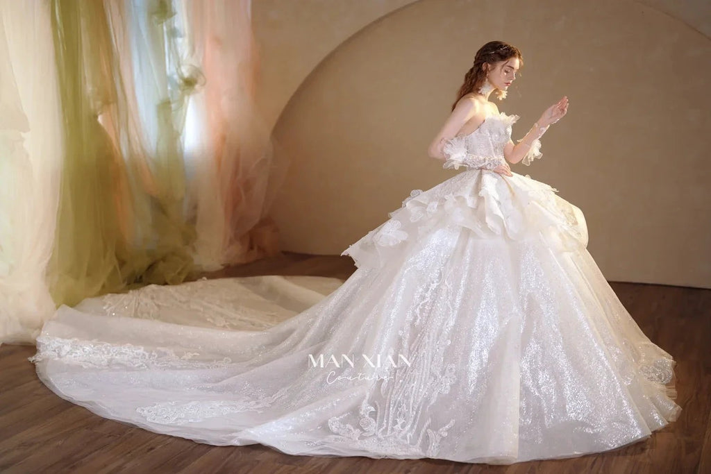 Luminous Ivory Off-Shoulder Glitter Tulle Ball Gown with 3D Floral Lace & Train M021