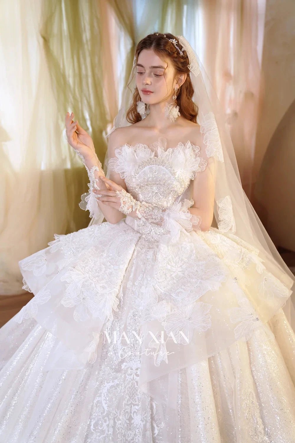 Luminous Ivory Off-Shoulder Glitter Tulle Ball Gown with 3D Floral Lace & Train M021